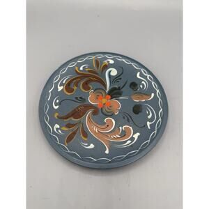 Vintage Hand Painted Wooden Trivet Folk Art Floral Blue Scandinavian 6.5”